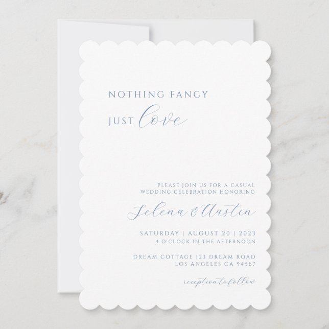 Dusty Blue Handscript Nichts Extravagant nur Liebe Einladung (Vorderseite)