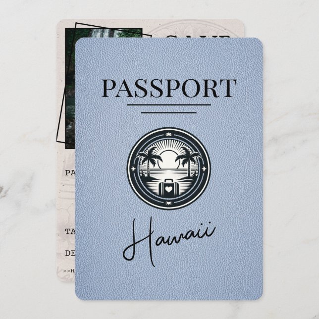 Dusty Blue Hawaii Passport Save the Date (Vorne/Hinten)