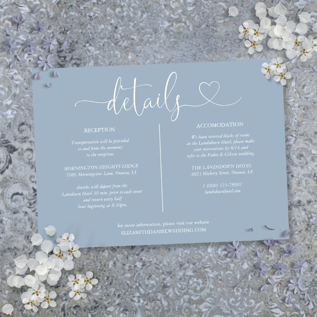 Dusty Blue Heart Script Details Card Einladung (Dusty Blue Heart Script Details Information Card)