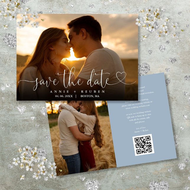 Dusty Blue Heart Script Foto Wedding QR Code Save The Date (Dusty Blue Heart Script Photo Wedding QR Code Save The Date)