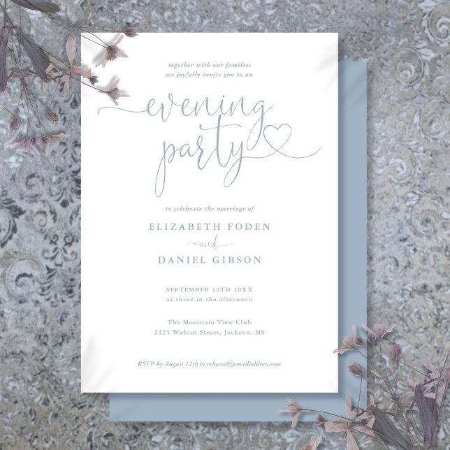 Dusty Blue Heart Script Wedding Abend Party Einladung (Dusty Blue Heart Script Wedding Evening Party Invitation)