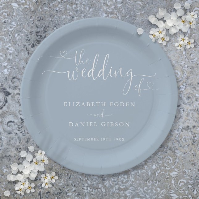 Dusty Blue Heart Script Wedding Pappteller (Dusty Blue Heart Script Wedding Paper Plates)