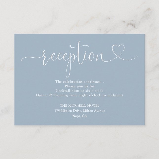 Dusty Blue Heart Script Wedding Reception Begleitkarte (Vorderseite)