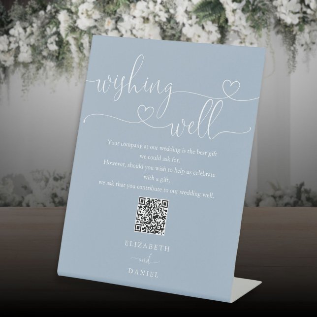 Dusty Blue Heart Script wünscht QR Code Sockelschild (Dusty Blue Heart Script Wishing Well QR Code Pedestal Sign)