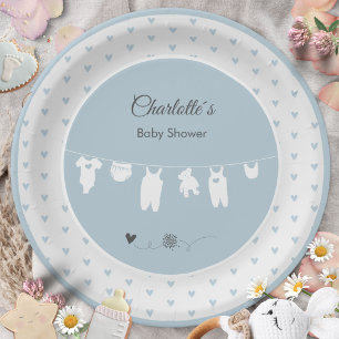 Dusty Blue Hearts Boho Baby Boy Shower Pappteller