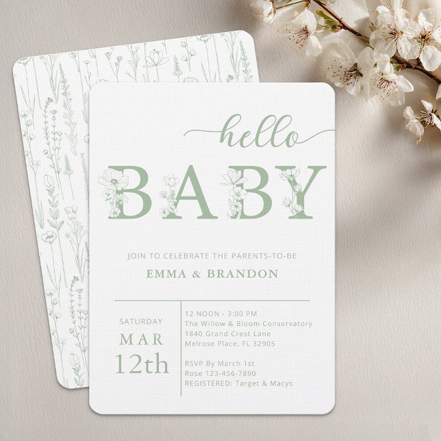Dusty Blue Hello Baby Wildflower Invitation Einladung (Sage Green Baby Shower Invite)