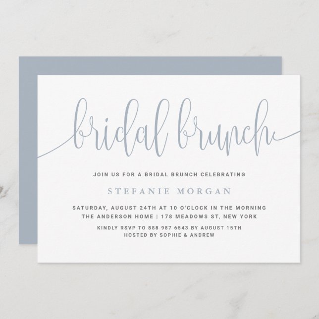 Dusty Blue Hübsch Calligraphy Bridal Brunch Einladung (Vorne/Hinten)