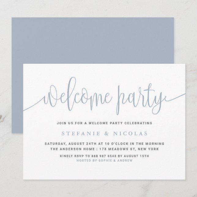 Dusty Blue Hübsch Calligraphy Welcome Party Einladung (Vorne/Hinten)