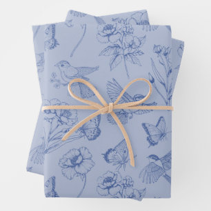 Dusty Blue Hummingbird & Butterfly Floral Wrapping Geschenkpapier Set
