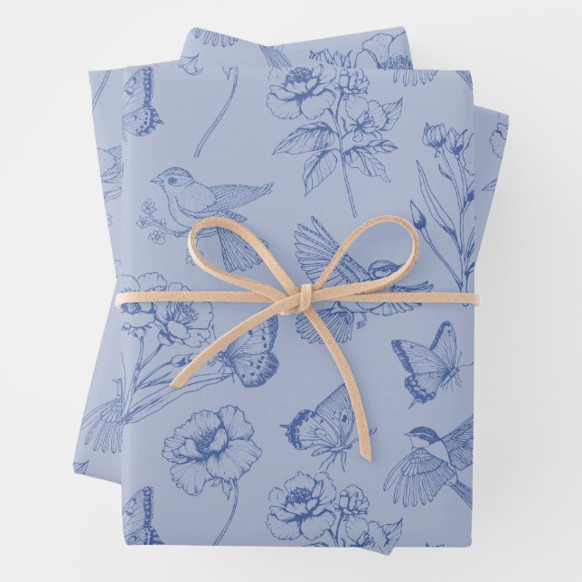 Dusty Blue Hummingbird & Butterfly Floral Wrapping Geschenkpapier Set (Beispiel)