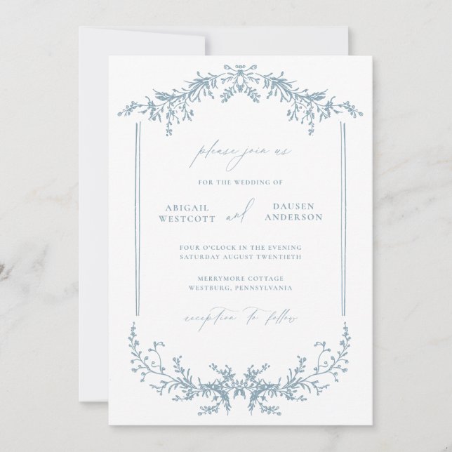 Dusty Blue Hütte Wedding Invitation Card laden Save The Date (Vorderseite)