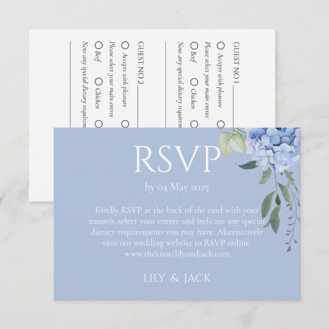 Dusty Blue Hydrangea 2 Guest Wedding RSVP Begleitkarte (Vorne/Hinten)