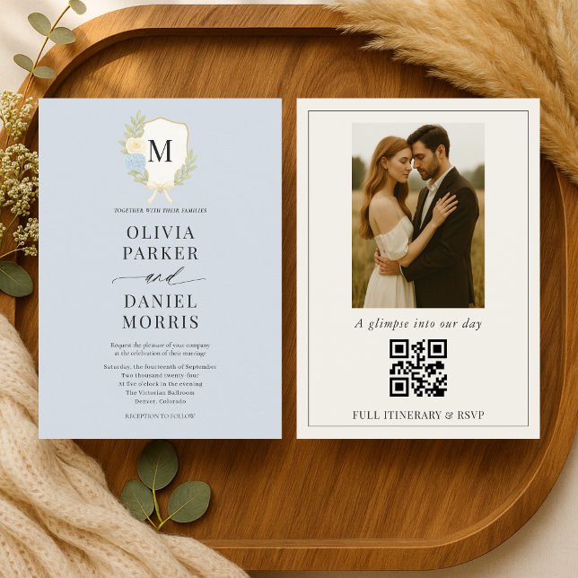 Dusty Blue Hydrangea Crest Monogram Photo Wedding Einladung (Von Creator hochgeladen)