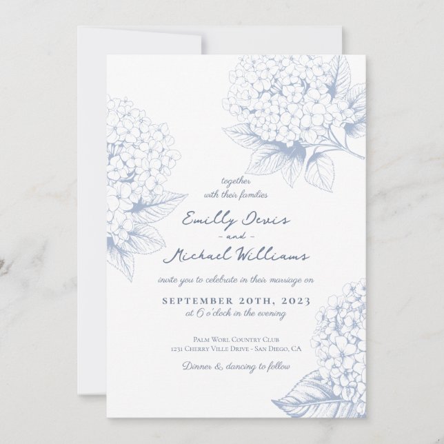 Dusty Blue Hydrangea Floral Wedding Einladung (Vorderseite)