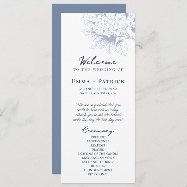 Dusty Blue Hydrangea Floral Wedding Programm (Vorne/Hinten)