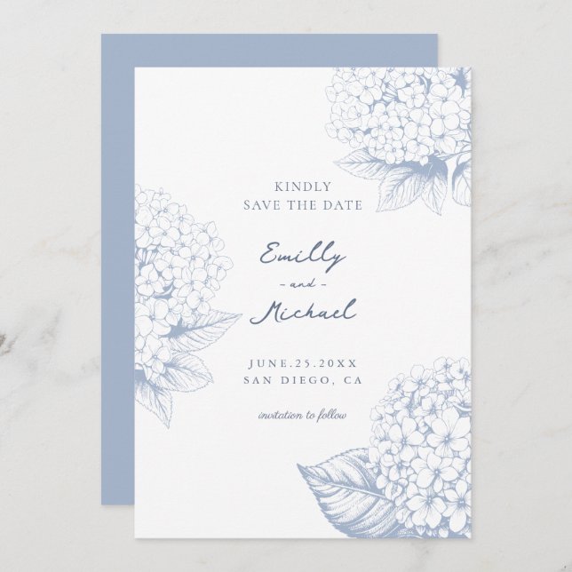 Dusty Blue Hydrangea Floral Wedding Save The Date (Vorne/Hinten)