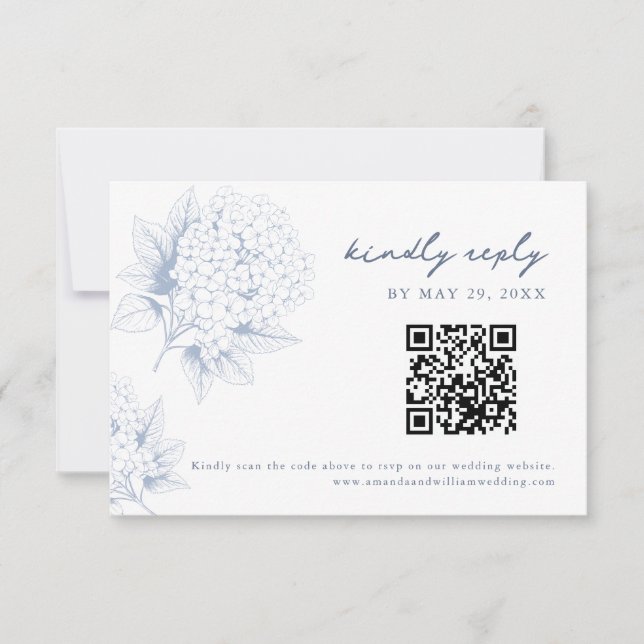 Dusty Blue Hydrangea QR Code RSVP Card Karte (Vorderseite)