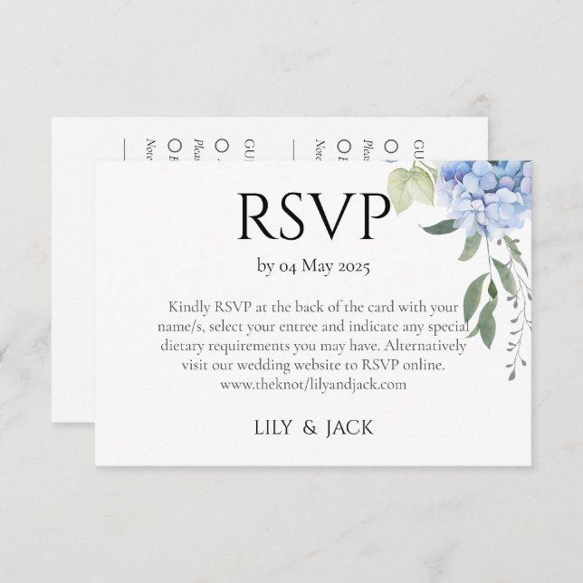 Dusty Blue Hydrangea Wedding RSVP Begleitkarte (Vorne/Hinten)