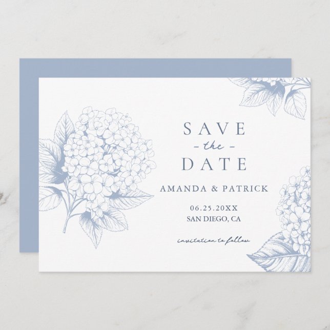Dusty Blue Hydrangea Wedding Save the Date Card (Vorne/Hinten)