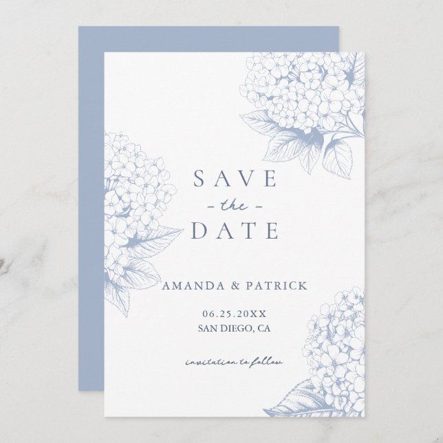Dusty Blue Hydrangea Wedding Save the Date Card (Vorne/Hinten)