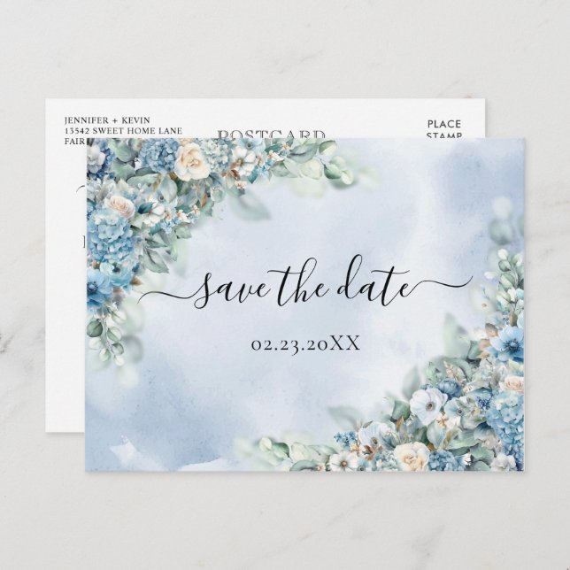Dusty Blue Hydrangea White Roses Save the Date Postkarte (Vorne/Hinten)