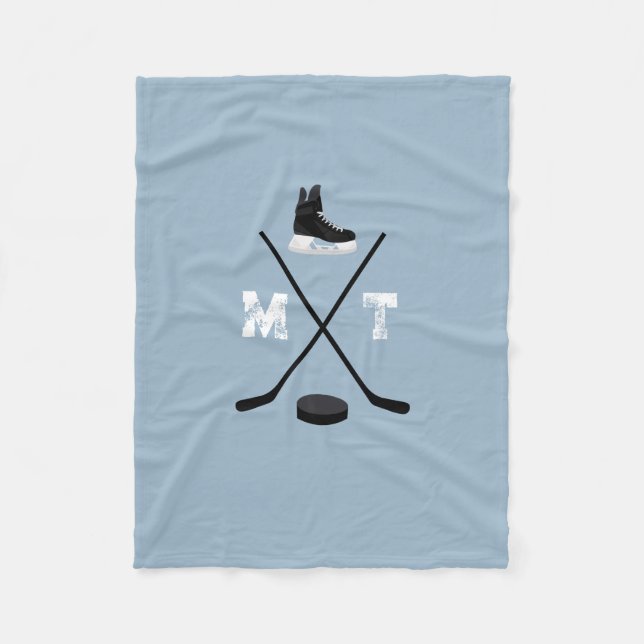 Dusty Blue Ice Hockey Classic gestörtes Monogramm Fleecedecke (Vorderseite)
