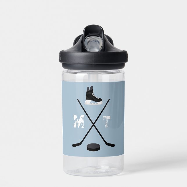 Dusty Blue Ice Hockey Classic gestörtes Monogramm Trinkflasche (Vorne)