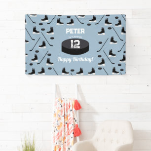 Dusty Blue Ice Hockey Stick, Skate Puck Birthday Banner