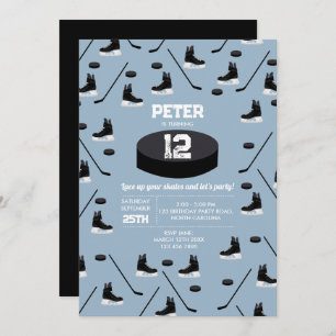 Dusty Blue Ice Hockey Stick, Skate Puck Birthday Einladung