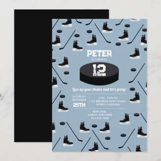 Dusty Blue Ice Hockey Stick, Skate Puck Birthday Einladung