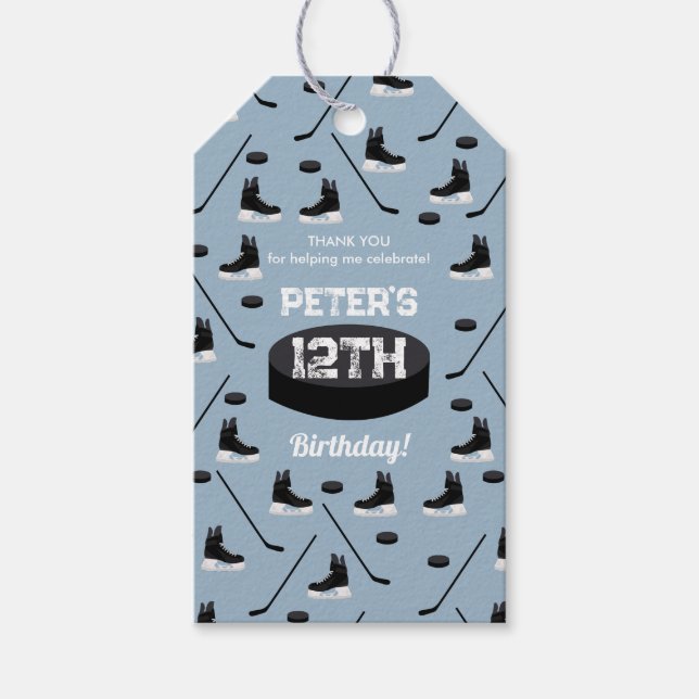 Dusty Blue Ice Hockey Stick, Skate Puck Birthday Geschenkanhänger (Vorderseite)