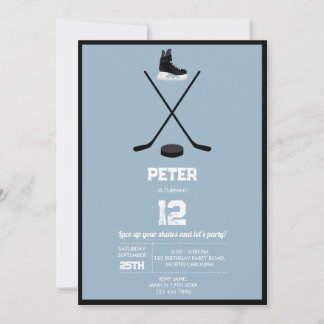 Dusty Blue Ice Hockey Stick, Skates Puck Birthday Einladung