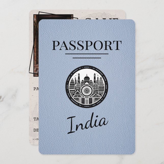 Dusty Blue India Passport Save the Date (Vorne/Hinten)