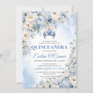Dusty Blue & Ivory Blume Blaue Krone Quinceañera Einladung