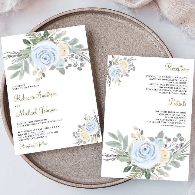 Dusty Blue Ivory Floral All in One Wedding Einladung (Von Creator hochgeladen)