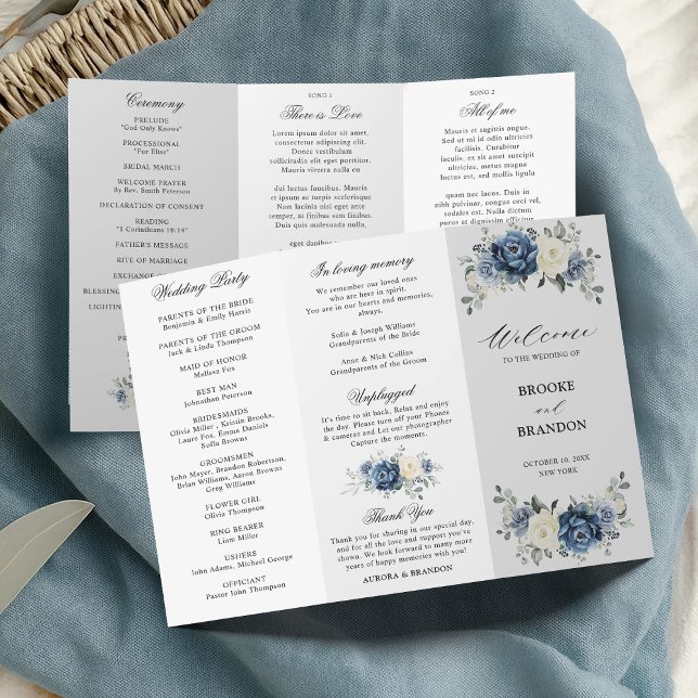 Dusty Blue Ivory Floral Dreiländerprogramm Hochzei (Dusty Blue Ivory Floral Tri-fold Wedding Program card)