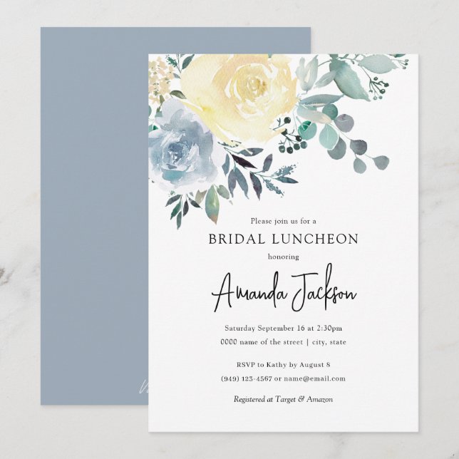 Dusty Blue Ivory Floral Greenery Bridal Luncheon Einladung (Vorne/Hinten)