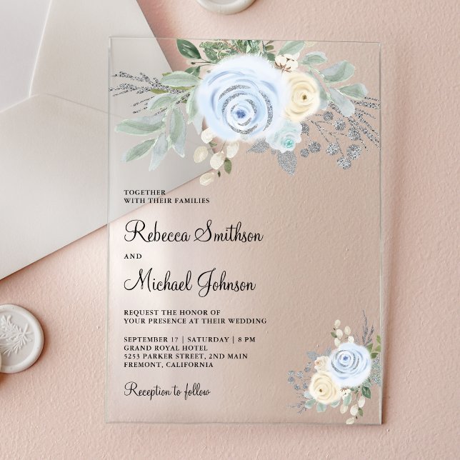Dusty Blue Ivory Floral Wedding Acryleinladungen (Von Creator hochgeladen)