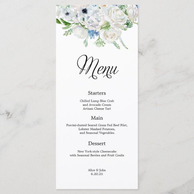 Dusty Blue Ivory Floral Wedding Menu Menükarte (Vorderseite)