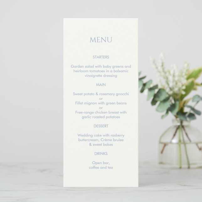 Dusty Blue & Ivory Mit Monogramm Wedding Menu Programm (Stehend Vorderseite)