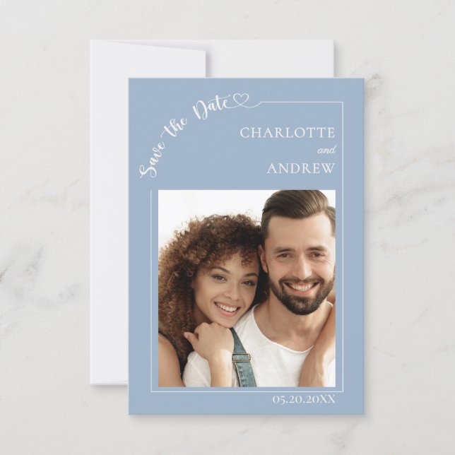 Dusty blue ivory photo wedding Save the Date (Vorderseite)