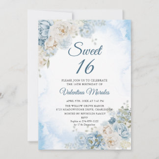 Dusty Blue Ivory Rose Blume 16 . Geburtstag 16 Einladung