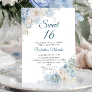 Dusty Blue Ivory Rose Blume 16 . Geburtstag 16 Einladung