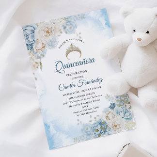 Dusty Blue Ivory Rose Blume Quinceanera Geburtstag Einladung