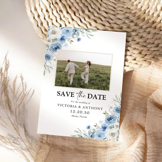 Dusty Blue Ivory Save the Date mit Fotokarte (Von Creator hochgeladen)
