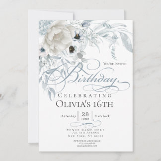 Dusty Blue Ivory Watercolor Peonies Birthday Einladung