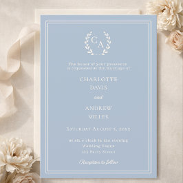 Dusty blue ivory wreath monogram luxury wedding einladung