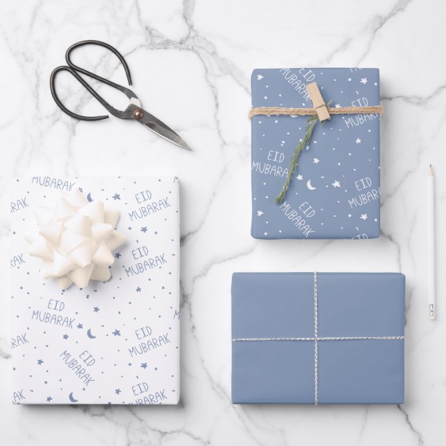 Dusty Blue Kids Eid Mubarak Geschenkpapier Set (Vorderseite)