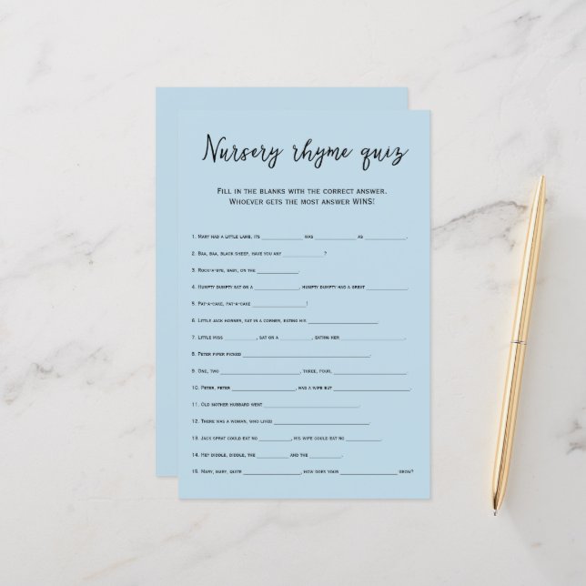 Dusty Blue Kinderzimmer Rhymes Quiz Baby Dusche Sp (Vorderseite/Rückseite Beispiel)