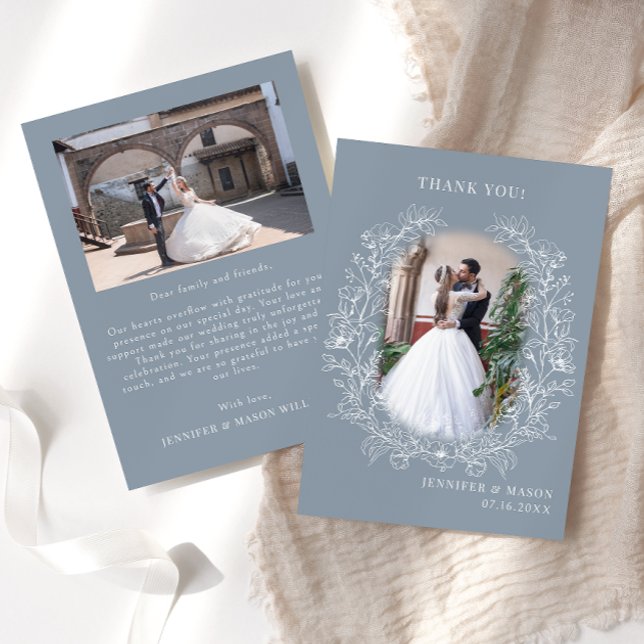 Dusty-blue klassischer Blumenkranz Hochzeitssemble Dankeskarte (Von Creator hochgeladen)
